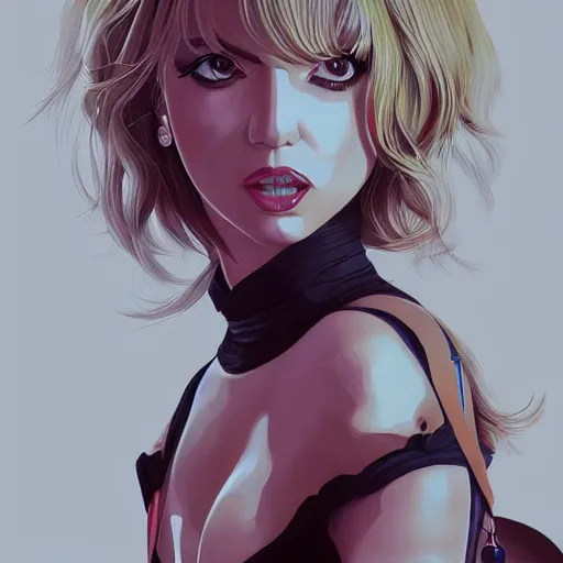 Image similar to ilya kuvshinov and katsuhiro otomo style britney spears, deep focus, fantasy, intricate, elegant, highly detailed, digital painting, artstation, concept art, matte, sharp focus, illustration