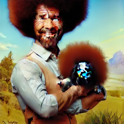 Image similar to bob ross!!! riding!!! a guinea pig!!, giant afro!, model pose, ultra realistic, concept art, intricate details, highly detailed, photorealistic, octane render, 8 k, unreal engine. art by artgerm and greg rutkowski and alphonse mucha