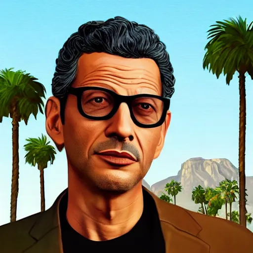 Image similar to Jeff Goldblum in GTA v. Los Santos in the background, palm trees. In the art style of Stephen Bliss