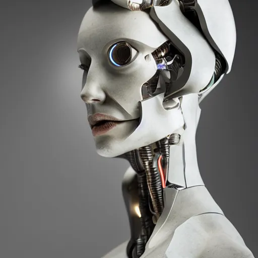 Image similar to a head and shoulders portrait of a female cyborg in her 20s, sculpture made of marble and aluminum, studio photography, cyberpunk lighting