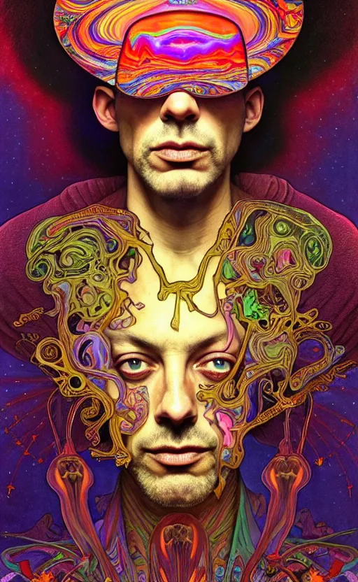 Image similar to An extremely psychedelic celestial larry harvey in his hat, colorful, surreal, dramatic lighting, magic mushrooms, psilocybin, LSD, face, detailed, intricate, elegant, highly detailed, digital painting, artstation, concept art, smooth, sharp focus, illustration, art by Krenz Cushart and Artem Demura and alphonse mucha