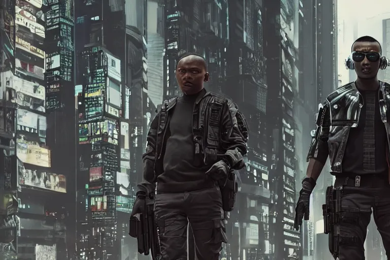 Image similar to movie diverse interracial team of Japanese sci-fi futuristic robbers armed with rifles interior clean futuristic tactical van, cyberpunk city, beautiful skin, Symmetrical faces. natural lighting by Emmanuel Lubezki