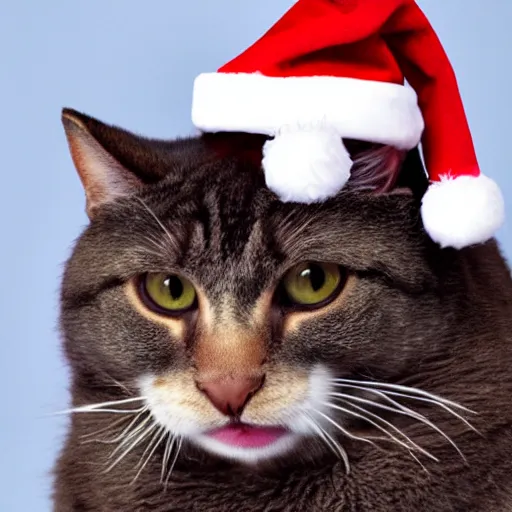Image similar to extremely obese big fat cat, wearing santa hat,