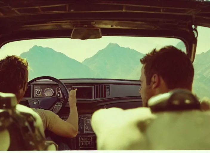 Image similar to a very high resolution image from a new movie, starlord. driving around. inside of a car. mountains, polaroid, directed by wes anderson