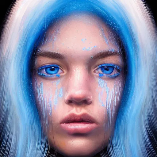 Image similar to face dripping with blue goo hyperrealistic portrait, photo realistic, poster, artstation, volumetric lighting, digital art, very detailed face by magali villeneuve