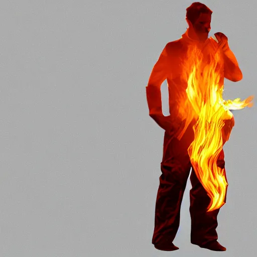Image similar to a man wearing pants that are on fire, digital art