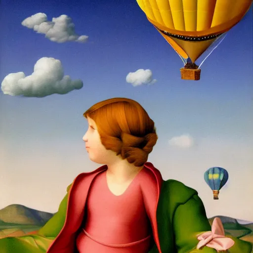 Prompt: a girl and her cat enjoying a hot-air-balloon ride by Raphael, Hopper, and Rene Magritte. detailed, romantic, enchanting, trending on artstation.