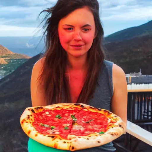 Prompt: sopha lauren is holding a pizza margherita in front of vulcano, spewing red hot lava, dramatic lighting, vibrant colors