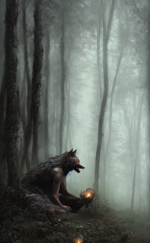 Image similar to hyperrealistic, Portrait of a werewolf crouched in a foggy forest, fantasy, yellow eyes, highly detailed, cinematic lighting, digital art painting by greg rutkowski