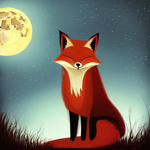 Image similar to “a fox sitting in the woods facing away, looking up at the night sky. The moon shines brightly. digital art, painting, highly detailed, hyper detailed, award winning”