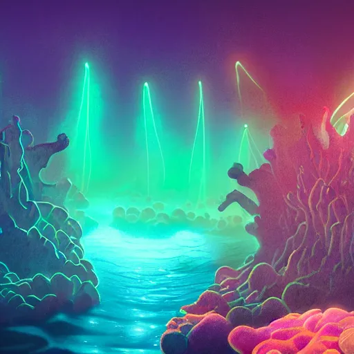 Image similar to an underwater alien ocean, filled with bioluminescence, twirling glowing sea plants, neon colors, and a mystical misty glow, ethereal, detailed