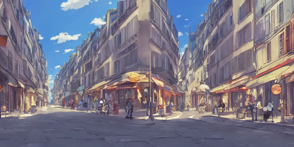 Image similar to a parisian street, a street in paris, ultra high quality, 4 k, by miyazaki and makoto shinkai, anime screenshot, colorful, artstation, pixiv,