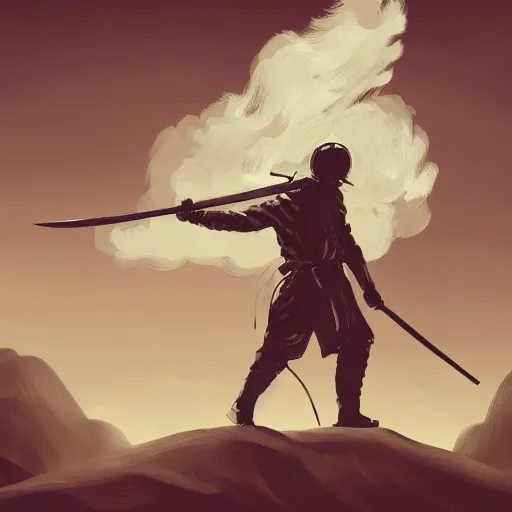 Prompt: man with sword and shield, wavy, gouache, abstract, smoke plume, digital illustration, clouds, helmet, sepia tone, golden hour, windy, shaded face, concept art, big brush