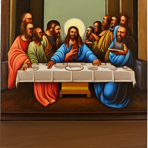 Prompt: last supper, drawn by Alexander Gurevich, oil painting on canvas