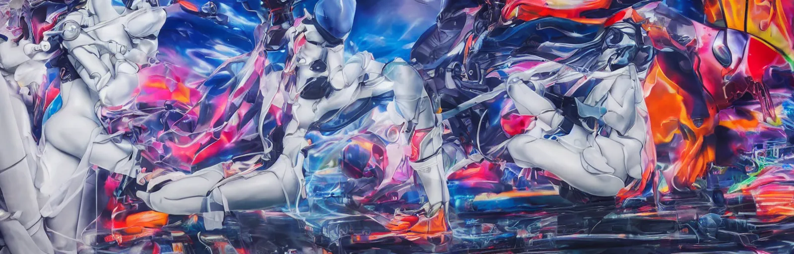 Image similar to billboard advertisement with an extremely beautiful photo of a white marble statue of an anime girl with colorful motocross logos and motorcycle helmet with closed visor, colorful smoke in the background, carved marble statue, fine art, neon genesis evangelion, virgil abloh, offwhite, denoise, highly detailed, 8 k, hyperreal