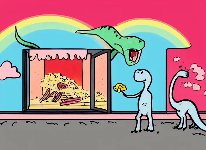 Prompt: an illustration of a delicious dinosaur barbecuing waffles and chewing gum, next to a rainbow window drapes, outside a noir future