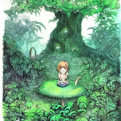 Image similar to a green genie ready to grant wishes deep in the forest, fantasy illustration, studio ghibli