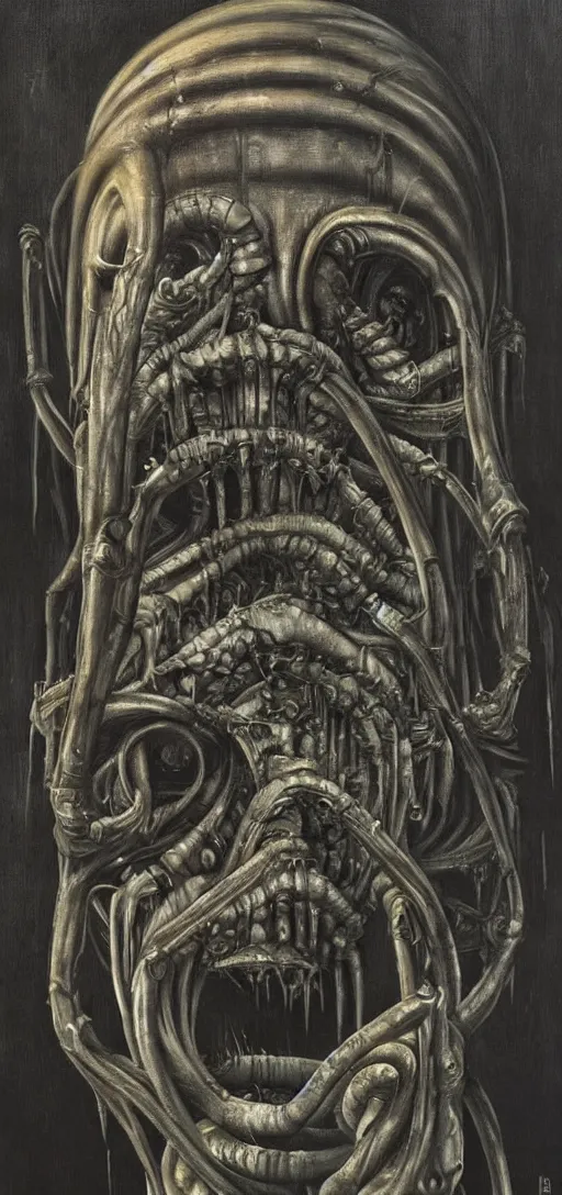 Image similar to a hyperrealistic hr giger painting of a minion staring at the viewer, creepy, horror, dark