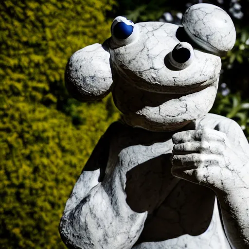 Prompt: a marble statue of Cookie Monster in a mansion garden, 50mm sigma lens, bokeh, depth of field