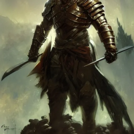 Prompt: a fierce and muscular male warrior in full armor, handsome, fantasy character portrait by greg rutkowski, gaston bussiere, craig mullins, simon bisley