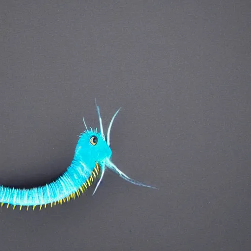 Image similar to studio photograph of a matte dark gray worm with a neon blue head and tail