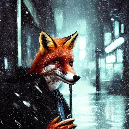 Prompt: beautiful portrait of a female anthro fox, smoking a cigarette in the rain, in crowded and wet street of a city, melancholic, cyberpunk, harsh neon lights, highly detailed, deep shadows, digital painting, shallow depth of field, illustration, art by sakimichan and greg rutkowski