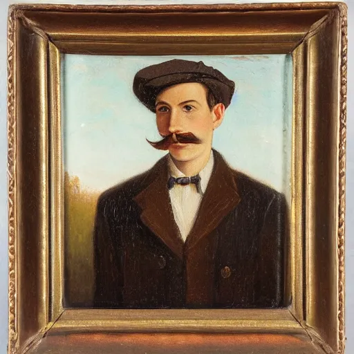 Image similar to portrait of a british young man in a flat cap, a small mustache, and a nice brown suit, oil painting