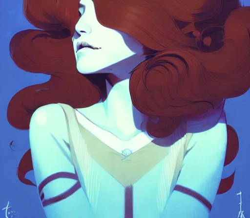 Image similar to beautiful artistic - wave highly detailed portrait female, with kitsune mask, long red hair, by atey ghailan, by greg rutkowski, by greg tocchini, by james gilleard, by joe fenton, by kaethe butcher, dynamic lighting, gradient light blue, brown, blonde cream and white color scheme, grunge aesthetic