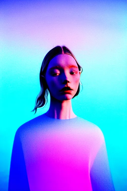 Image similar to high quality pastel coloured film close up wide angle photograph of a model wearing clothing swimming on cloud furniture in a icelandic black rock!! environment in a partially haze filled dreamstate world. three point light, rainbow. photographic production. art directed. pastel colours. volumetric clouds. pastel gradient overlay. waves glitch artefacts. extreme facial clarity. 8 k. filmic.