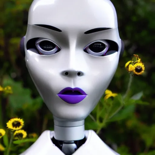 Prompt: female robot face with flowers instead of antennas