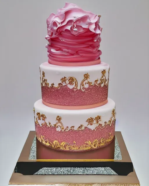 Image similar to elegant rococo quartz raspberry wedding cake dripping fondant, stylized, sparkling, glitter, gilding, ornate, sylvain sarrailh, joongwon jeong