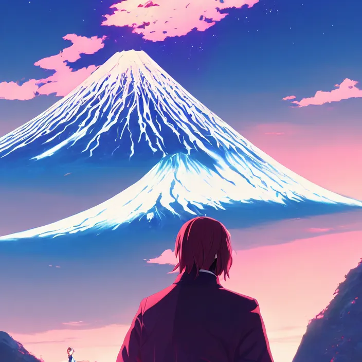 Prompt: portrait of the undertaker, mount fuji background, rich vivid colors, ambient lighting, dynamic lighting, 4 k, hq, official media, anime key visual, makoto shinkai, ilya kuvshinov, lois van baarle, rossdraws, detailed, trending on artstation