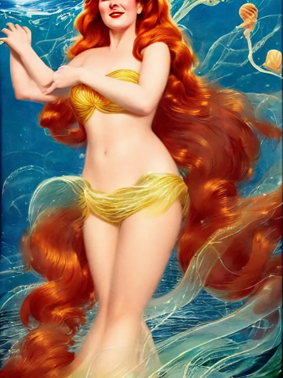 Image similar to isla fisher as the little mermaid long hair covers chest, a beautiful art nouveau portrait by Gil elvgren, beneath the ocean waves glowing jellyfish environment, centered composition, defined features, golden ratio, intricate seashell jewelry that glows