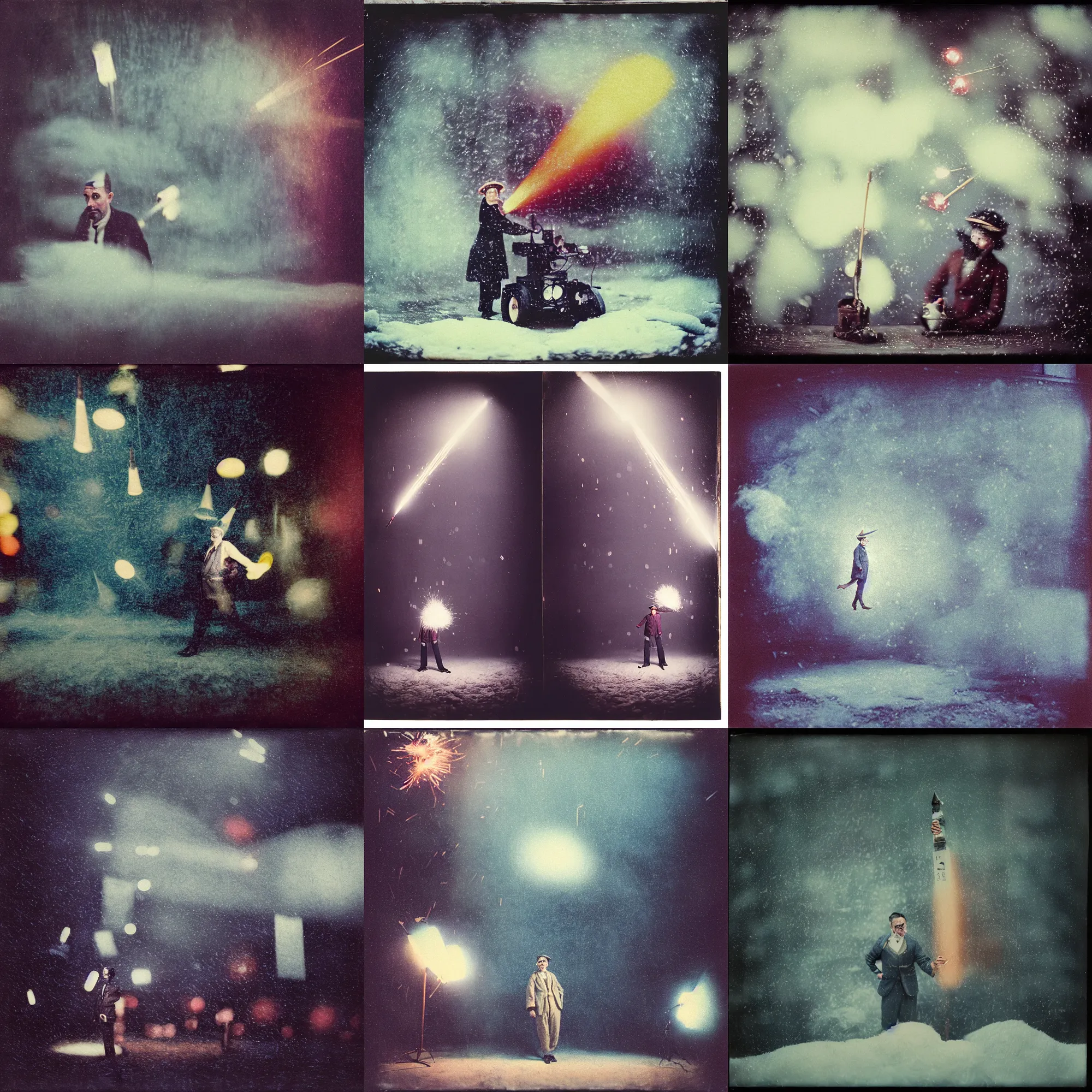 Prompt: kodak portra 4 0 0, wetplate, muted colours, blueberry, 1 9 1 0 s style, motion blur, portrait photo of a backdrop, explosions, rockets, sparkling, architect, snow storm, by georges melies and by britt marling