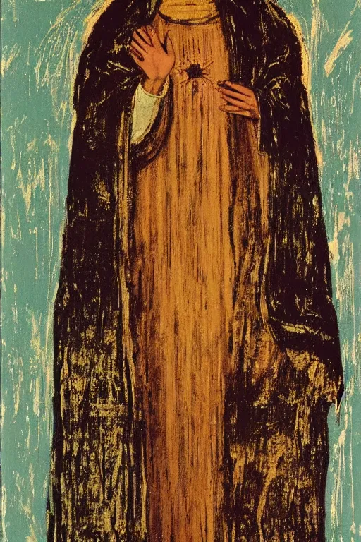 Image similar to virgin mary of lourdes painted by cy twombly and andy warhol