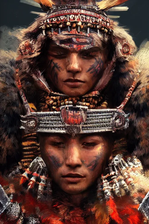 Image similar to aztec warrior, close - up portrait, fierce, intricate, elegant, volumetric lighting, scenery, digital painting, highly detailed, artstation, sharp focus, illustration, concept art, ruan jia, steve mccurry