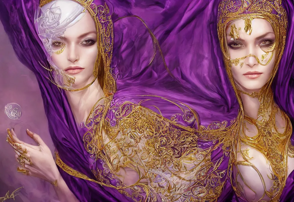 Prompt: a beautiful woman wearing a white niqab made of silk with golden jewelry and diamonds by alex gray and android jones, ornate purple background, karol bak, ayami kojima, arabian, concept art, fantasy,