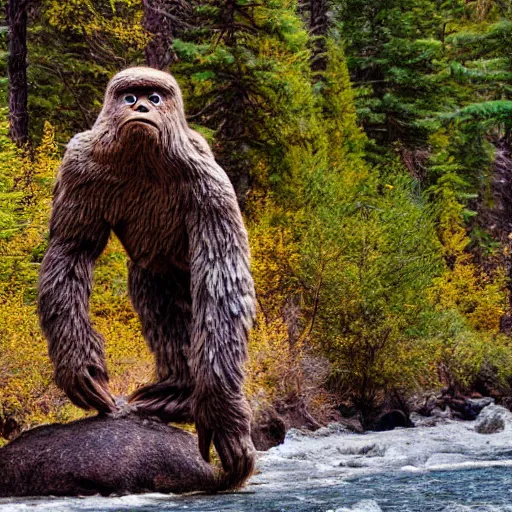 Prompt: big foot by a river in central oregon, 4 k