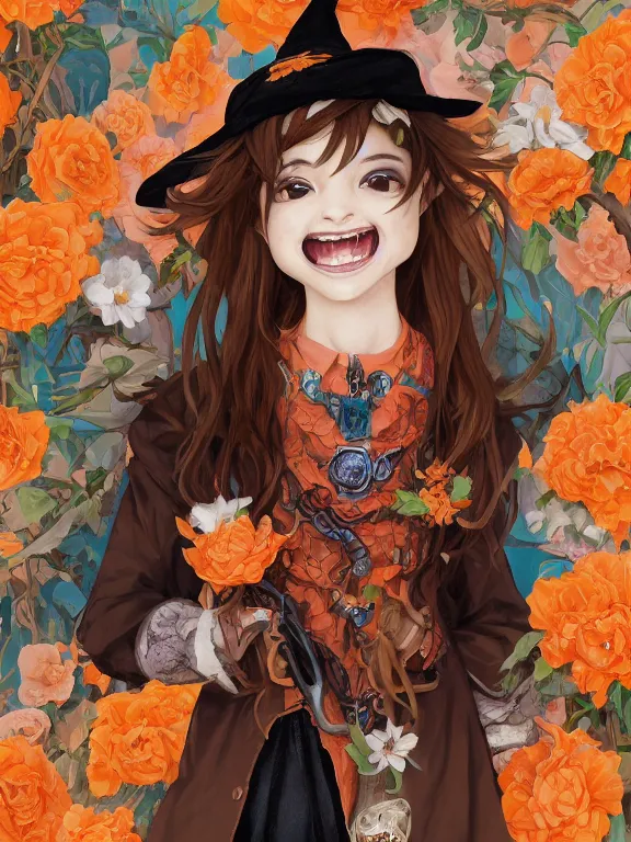 Prompt: Full shot of a cute mischievous young witch about to get up to some trouble with her playful snake familiar. Latin American fashion. Floral patterns. Black and Orange palette. Magic. Latina girl. brown skin. defined facial features, symmetrical facial features. Smiling. By Ruan Jia and Artgerm and Range Murata and WLOP and Ross Tran and William-Adolphe Bouguereau. Key Art. Fantasy Illustration. award winning, Artstation, intricate details, realistic, Hyperdetailed, 8k resolution.