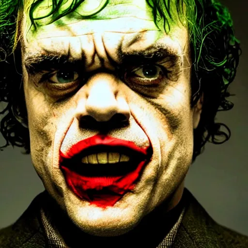 Image similar to stunning awe inspiring peter dinklage as the joker, movie still 8 k hdr atmospheric lighting