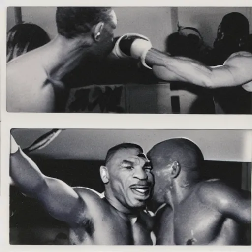 Image similar to polaroid image of mike tyson fighting an alien xenopmorph in a boxing ring