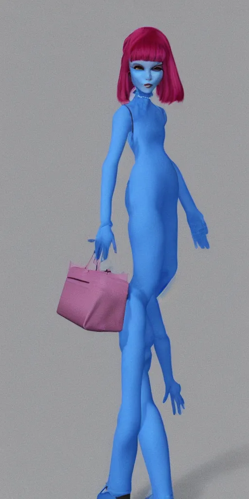 Prompt: 3d glitched malice blue doll carrying a pink fashion bag in a street city psx rendered early 90s net art n64