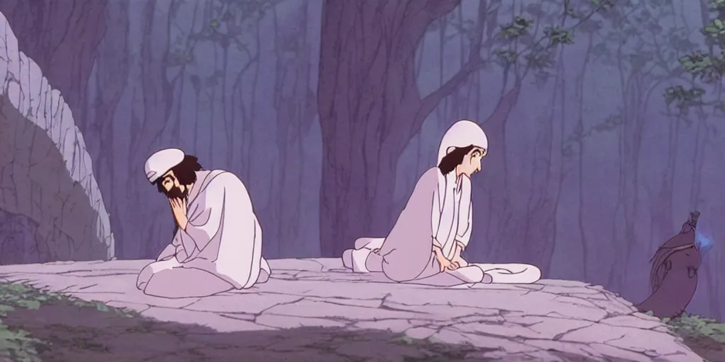 Prompt: a cell - shaded cartoon movie still from princess mononoke ( 1 9 9 7 ) of a middle eastern imam kneeling in prayer. an elegant angel flies above him. very dull muted colors, hd, 4 k, hq