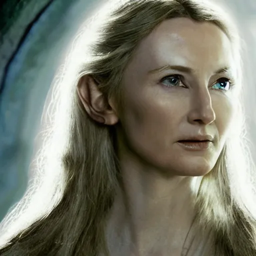 Image similar to Liam Neeson as Galadriel, Lord of the Rings, film still, high detail