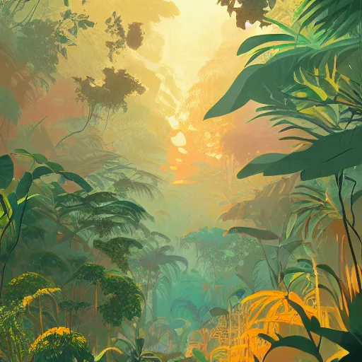 Prompt: illustration of the jungle by victo ngai, by rhads, makoto shinkai, madgwick, masterpiece, contest award winner