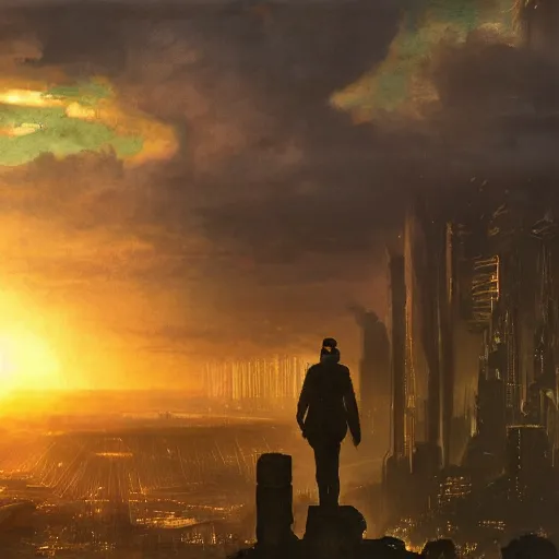 Prompt: wanderer with night vision goggles, dramatic light, sunset, sunrays, cyberpunk city in the background, ruins, buildings, dystoptian, gorgeous view, depth, painted by Caspar David Friedrich, gateway, clouds, tending on artstation