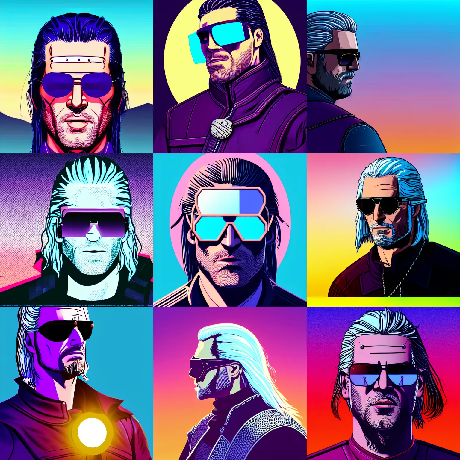 Image similar to 3 / 4 view closeup portrait of geralt of rivia with light blue shutter shades in front of a sunset, a dark purple leather jacket, vector art by jan tengnagel, pixabay contest winner, retrofuturism, retrowave, synthwave, outrun, portrait, synthwave