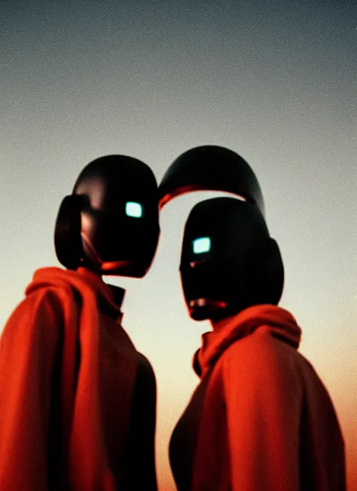 Prompt: cinestill 5 0 d photographic portrait of two loving female androids wearing rugged black techwear standing in front of a brutalist structure on a desolate plain with a red sky, extreme closeup, cyberpunk style, dust storm, 8 k, hd, high resolution, 3 5 mm, f / 3 2, ultra realistic faces, ex machina