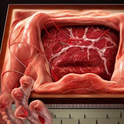 Prompt: , flesh box with wires sticking out, meat box, clump of flesh, a computer made out of flesh, computer made out of flesh, skin on the gaming pc, personal computer horror, server, electronic, skinned alive, blood, intricate, highly detailed, digital painting, artstation, concept art, smooth, sharp focus, illustration,