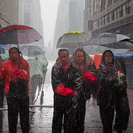 Image similar to closeup portrait of a group of cleaners fighting puddles traffic in rainy new york street, by Steve McCurry and David Lazar, natural light, detailed face, CANON Eos C300, ƒ1.8, 35mm, 8K, medium-format print